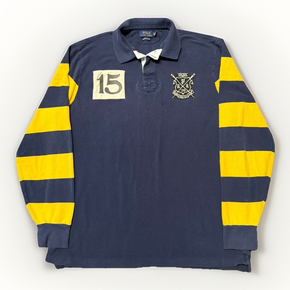 Polo Ralph Lauren Rugby Shirt Striped Yellow Navy Long Sleeve Rowing Club XXL